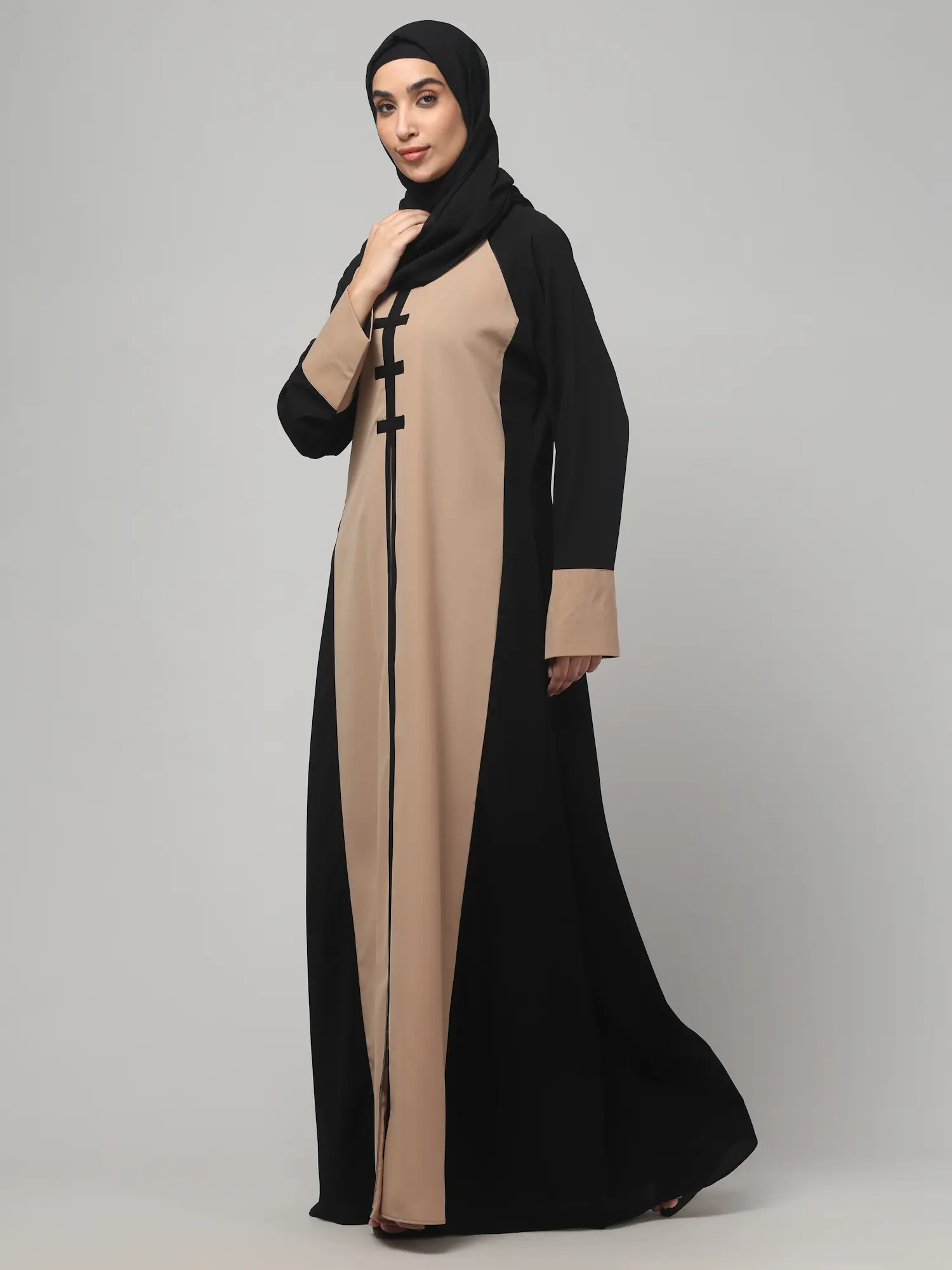 Striped Abaya with Color Block Chest in Khaki Black color, photo 3