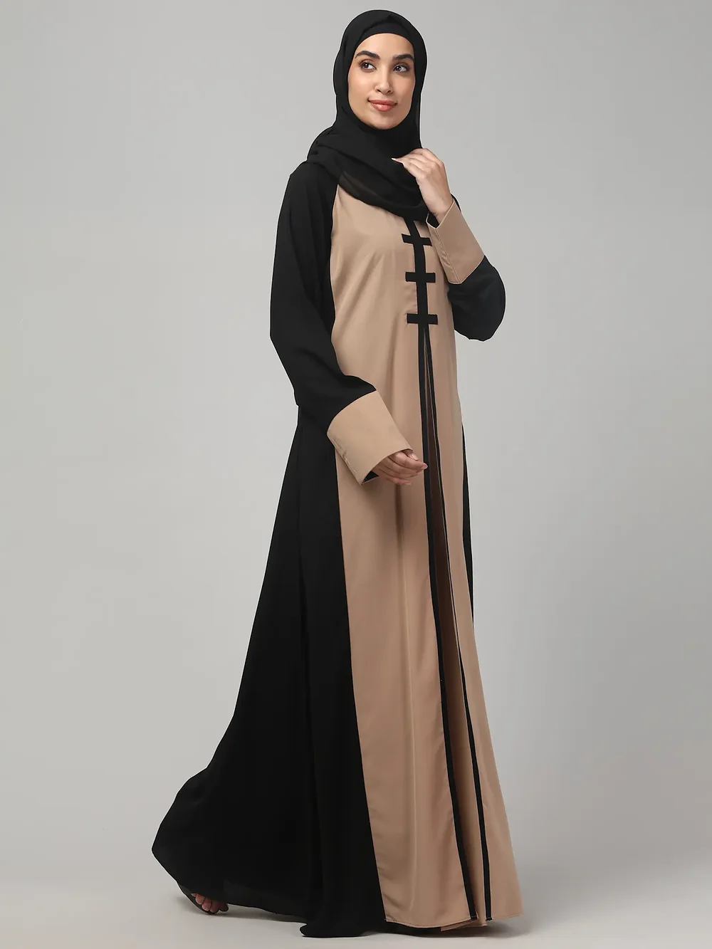 Striped Abaya with Color Block Chest in Khaki Black color, photo 4