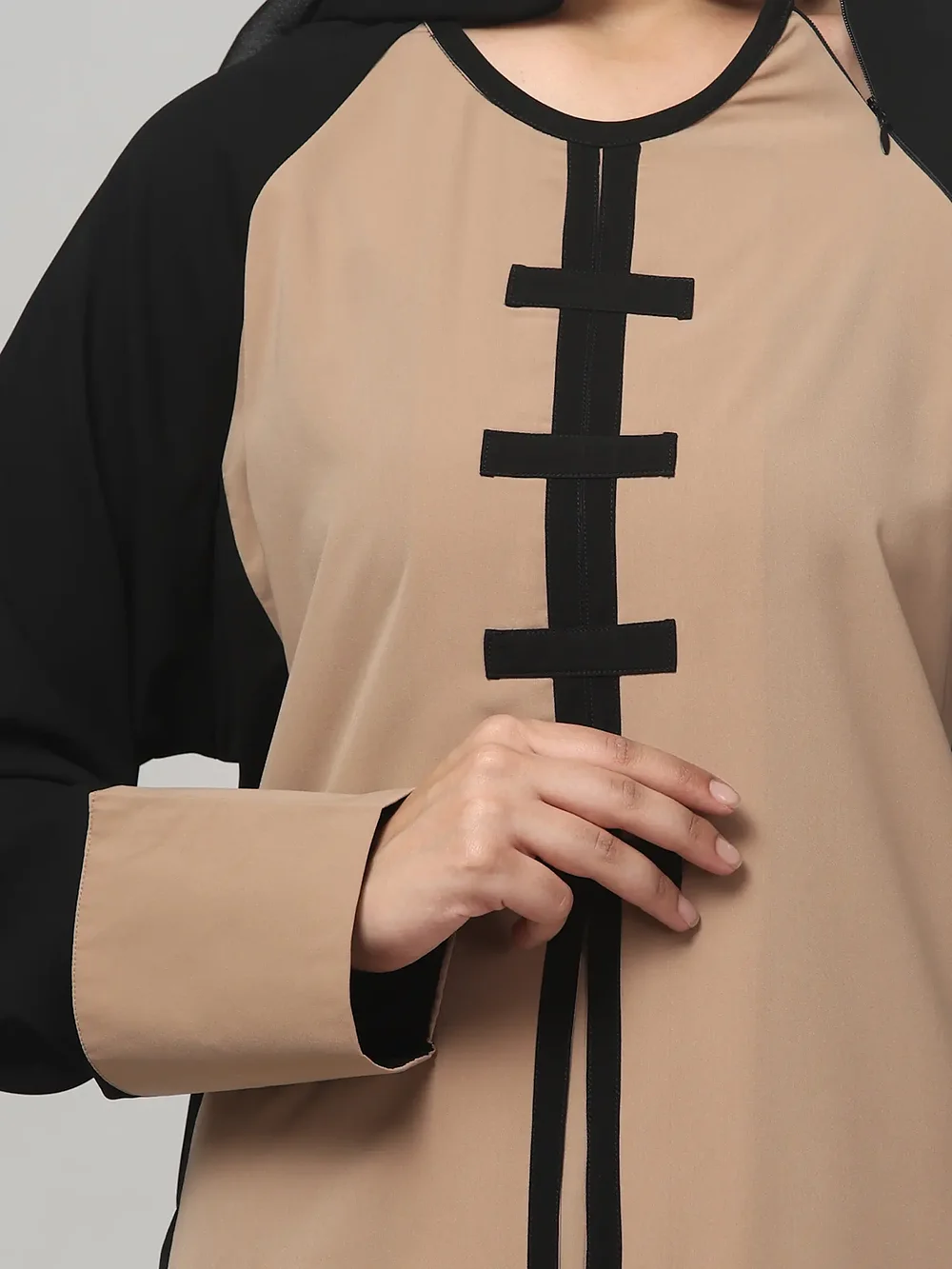 Striped Abaya with Color Block Chest in Khaki Black color, photo 5