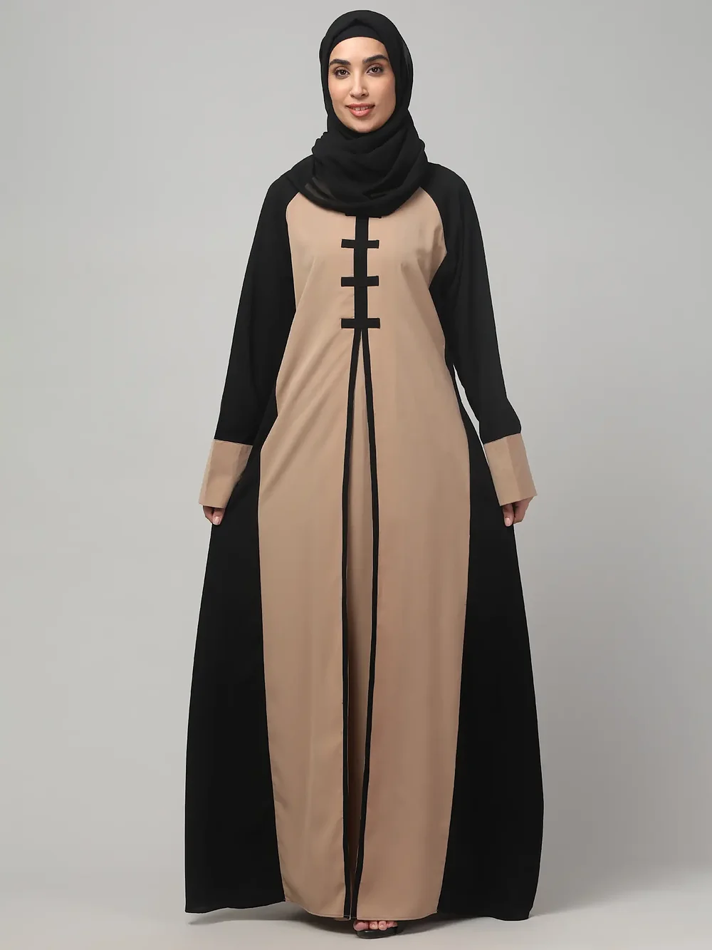 Striped Abaya with Color Block Chest in Khaki Black color, photo 6