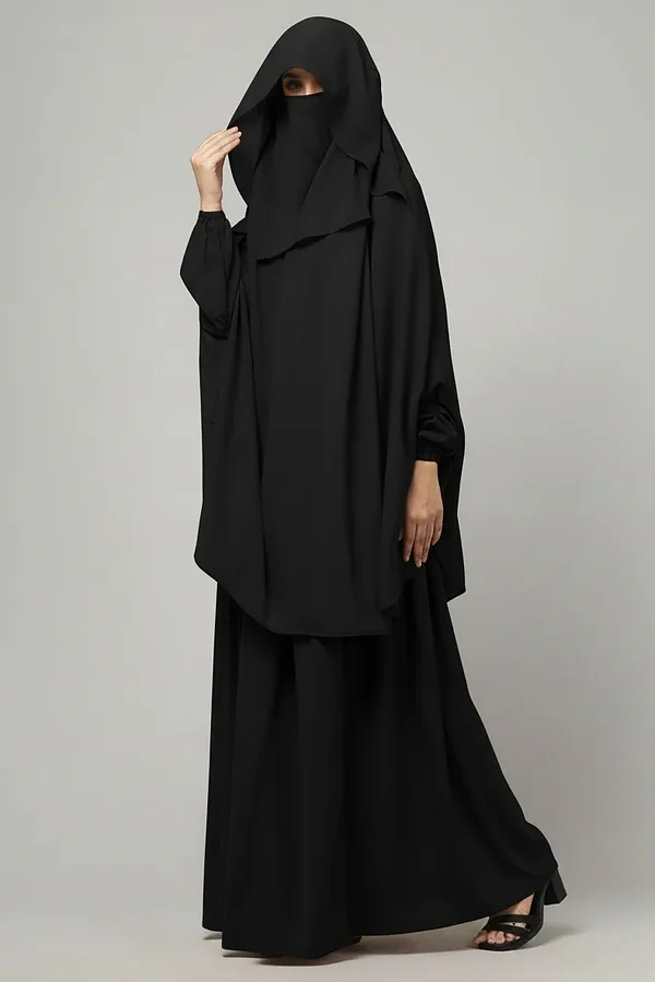 3 Piece Jilbab Burqa Set with Khimar and Nose Piece in Black color