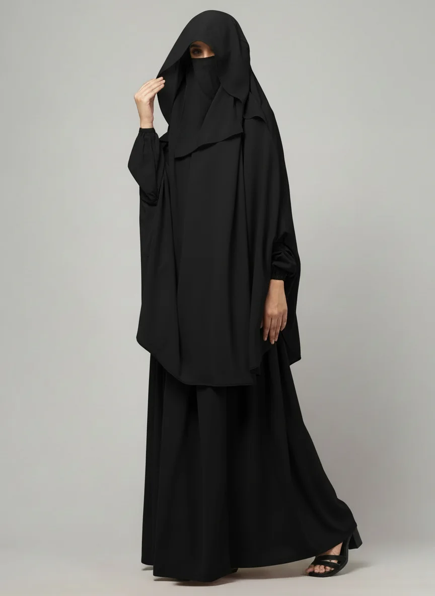 3 Piece Jilbab Burqa Set with Khimar and Nose Piece in Black color
