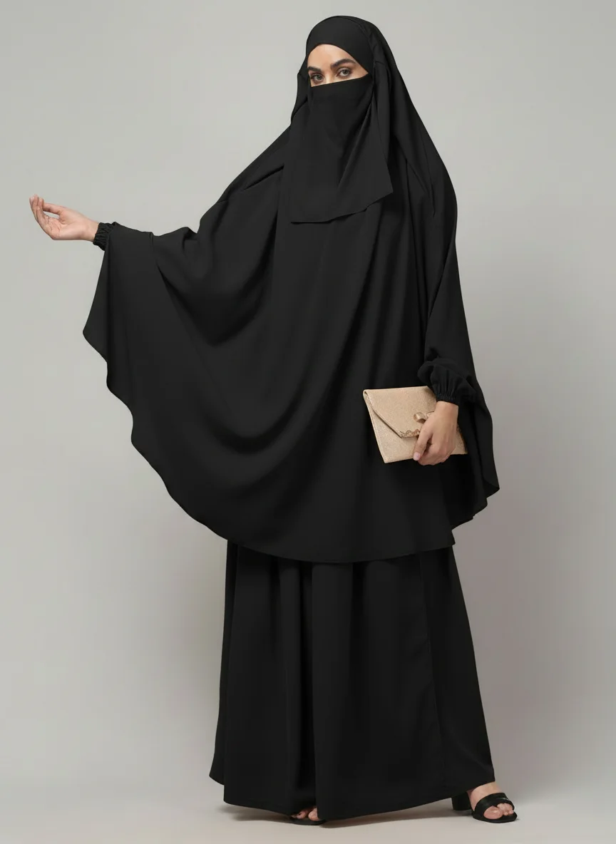 3 Piece Jilbab Burqa Set with Khimar and Nose Piece in Black color, photo 3