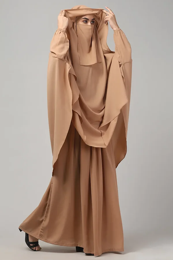 3 Piece Jilbab Burqa Set with Khimar and Nose Piece in Khaki color