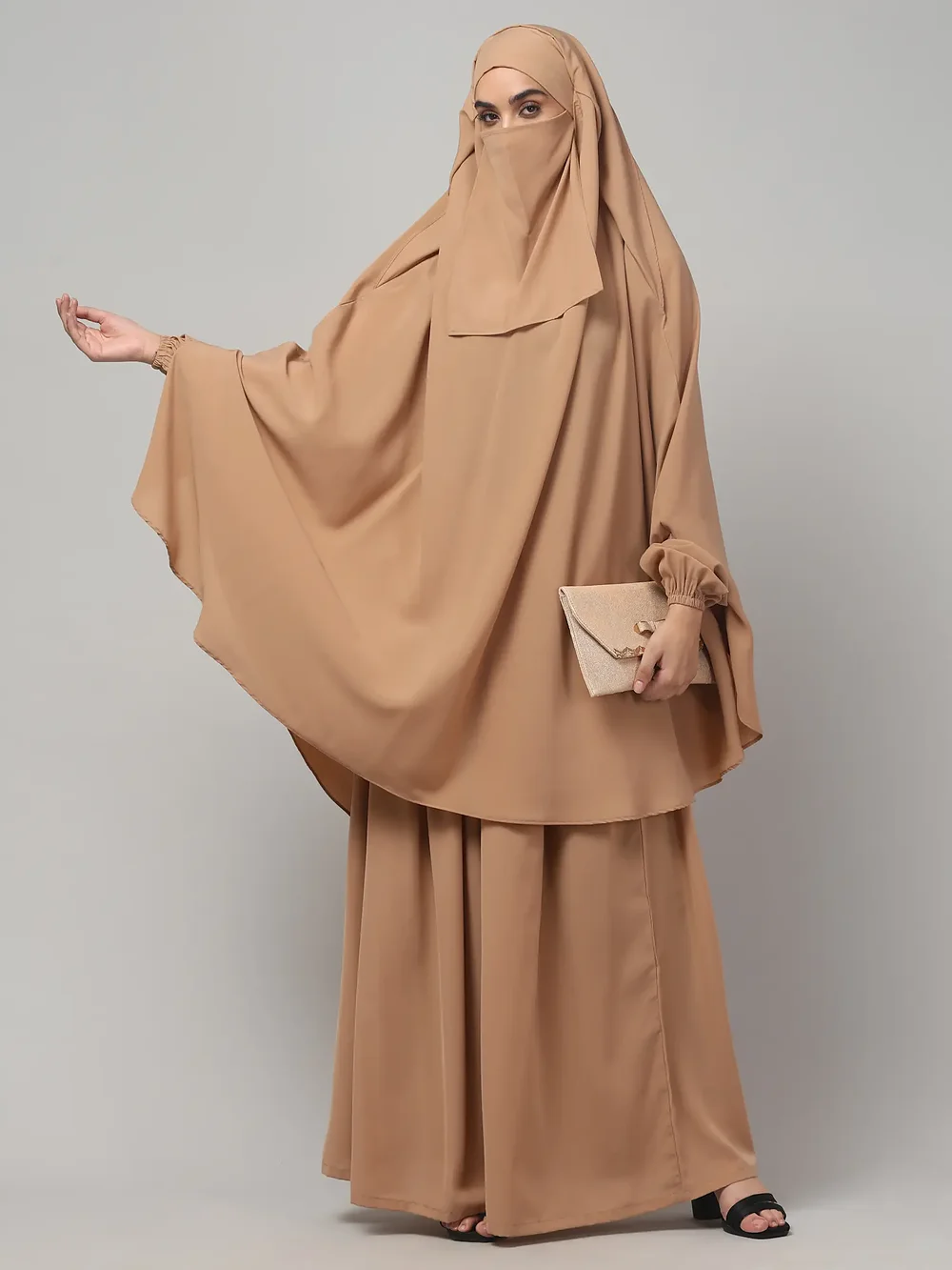 3 Piece Jilbab Burqa Set with Khimar and Nose Piece in Khaki color, photo 5