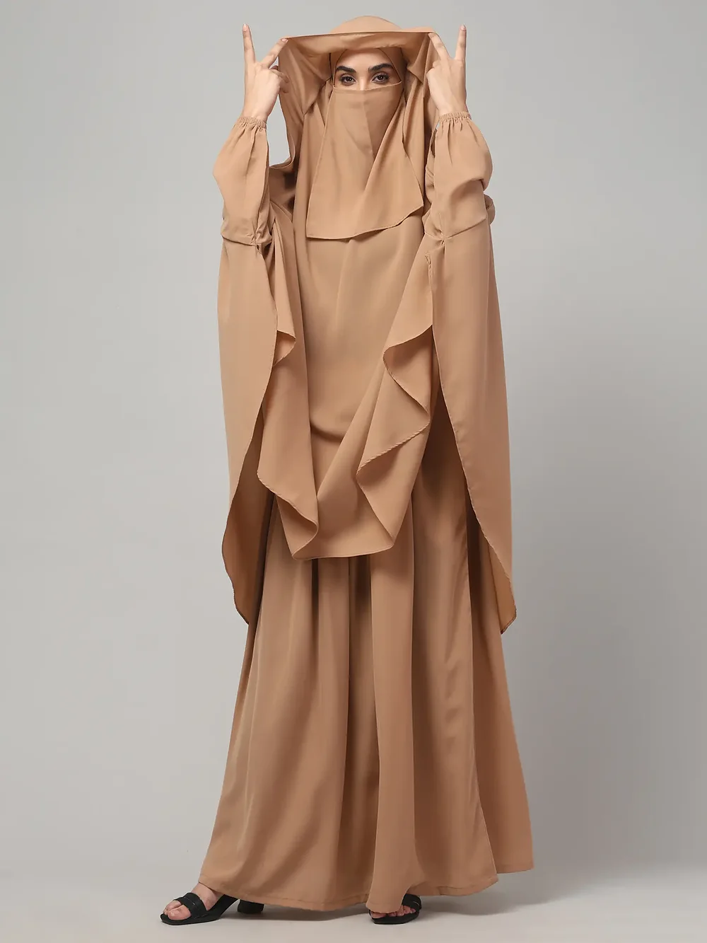 3 Piece Jilbab Burqa Set with Khimar and Nose Piece in Khaki color, photo 6