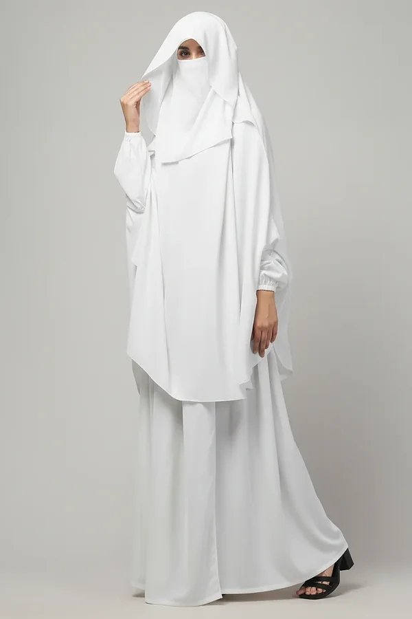 3 Piece Jilbab Burqa Set with Khimar and Nose Piece in White color