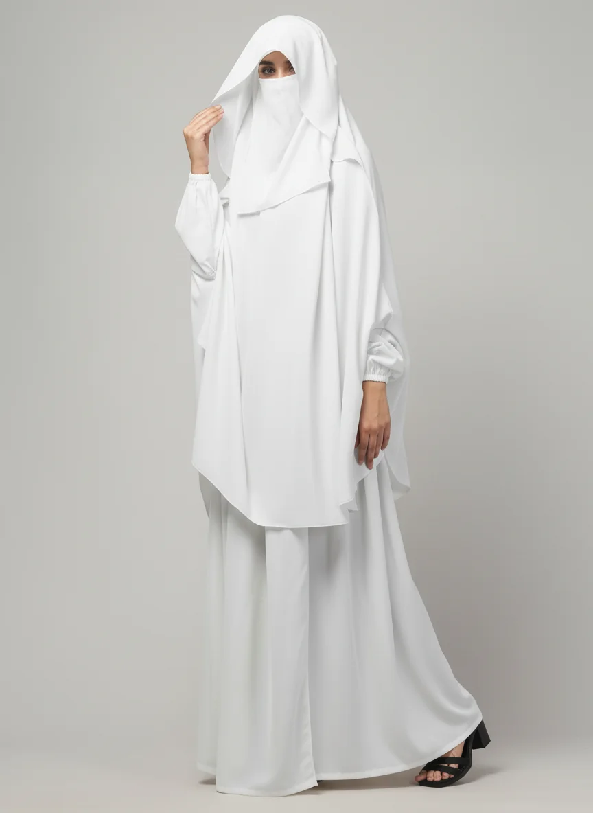 3 Piece Jilbab Burqa Set with Khimar and Nose Piece in White color