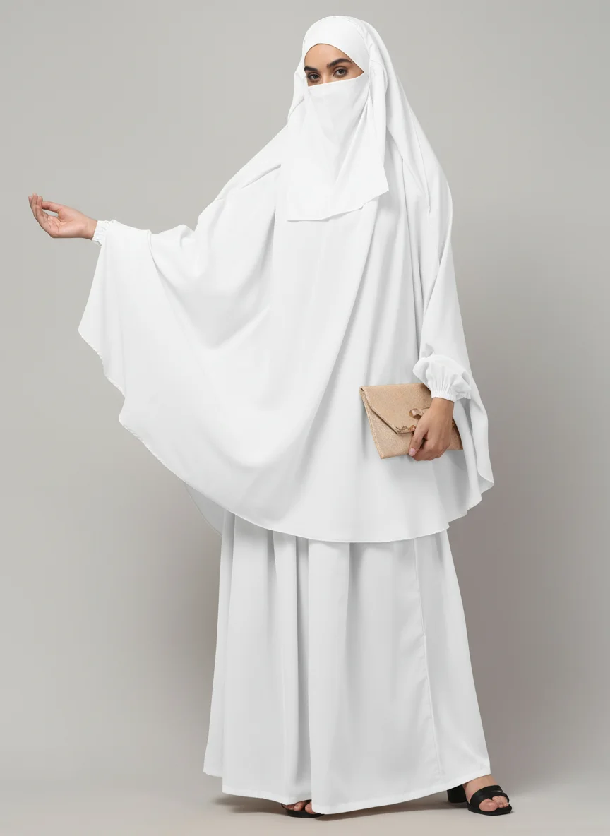 3 Piece Jilbab Burqa Set with Khimar and Nose Piece in White color, photo 2