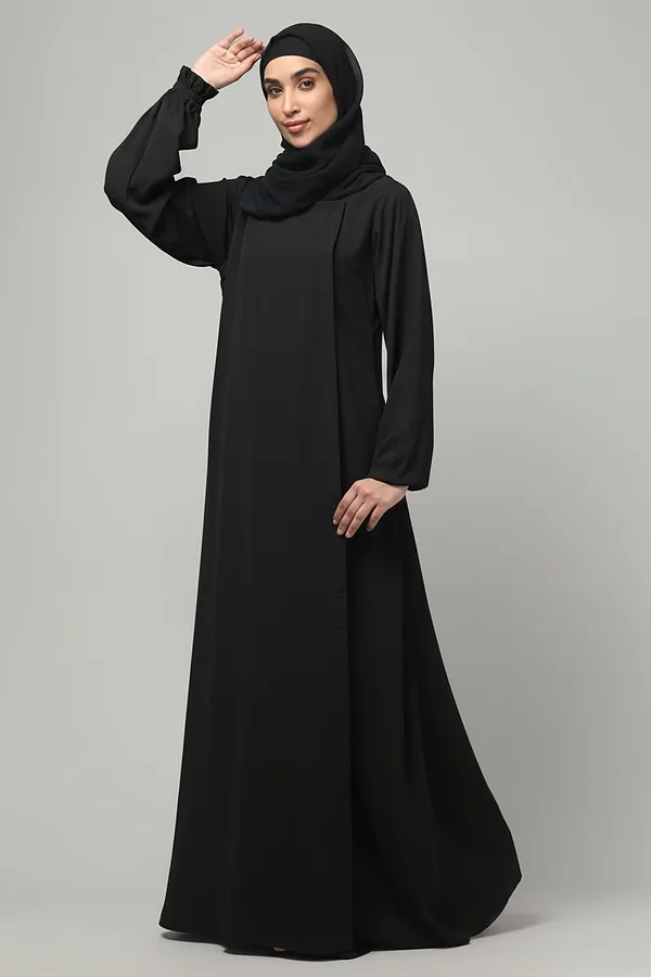 Overlay Abaya with Ruffled Cuffs in Black color