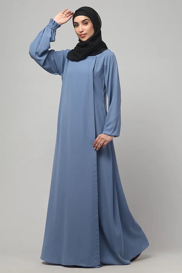 Overlay Abaya with Ruffled Cuffs in Denim Blue color