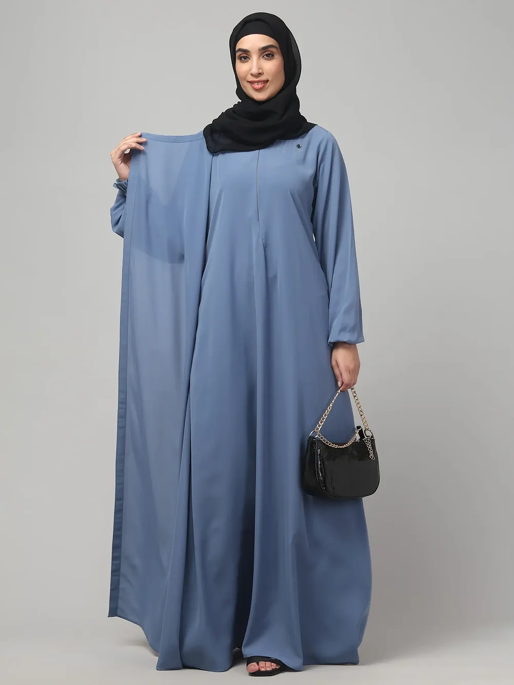 Overlay Abaya with Ruffled Cuffs in Denim Blue color, photo 4