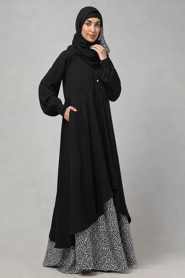 Leopard Print Umbrella Abaya with Collar and Cuffs in Black color