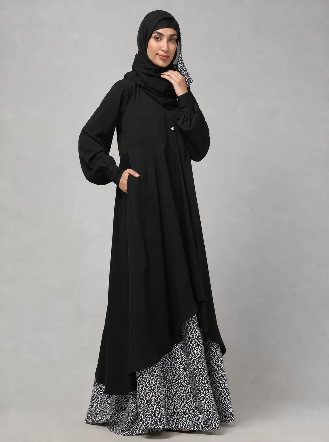 Leopard Print Umbrella Abaya with Collar and Cuffs in Black color
