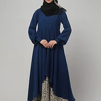 Leopard Print Umbrella Abaya with Collar and Cuffs in Teal Green color