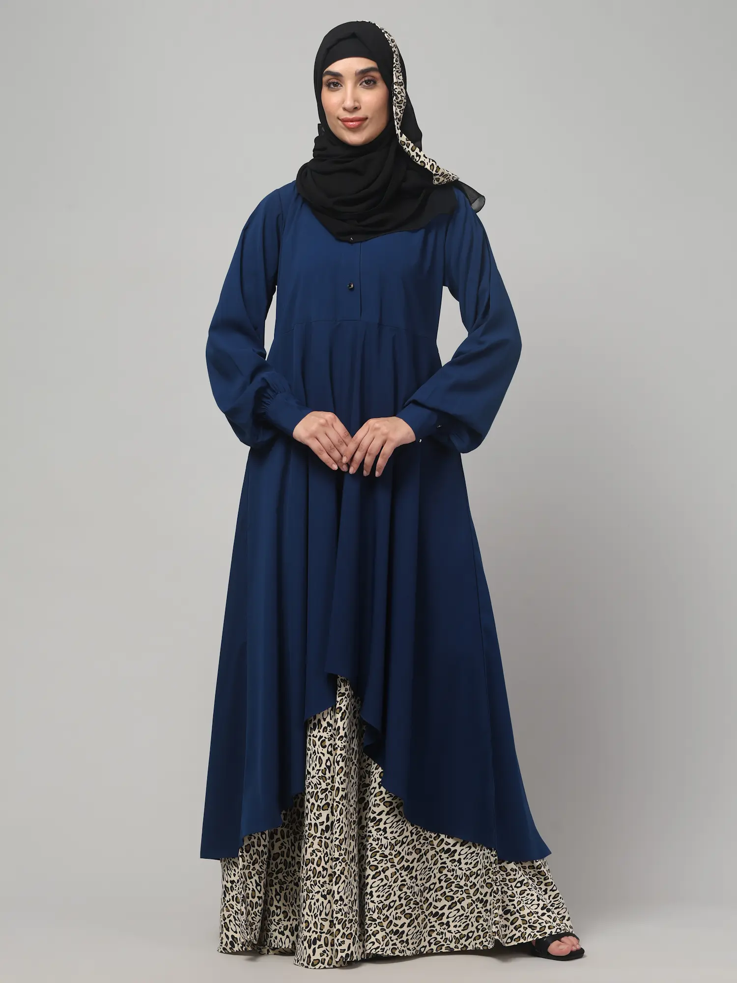 Leopard Print Umbrella Abaya with Collar and Cuffs in Teal Green color
