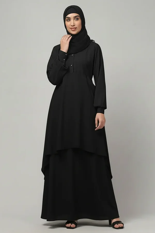 Two Piece Abaya with Palazzo and Collared Top in Black color