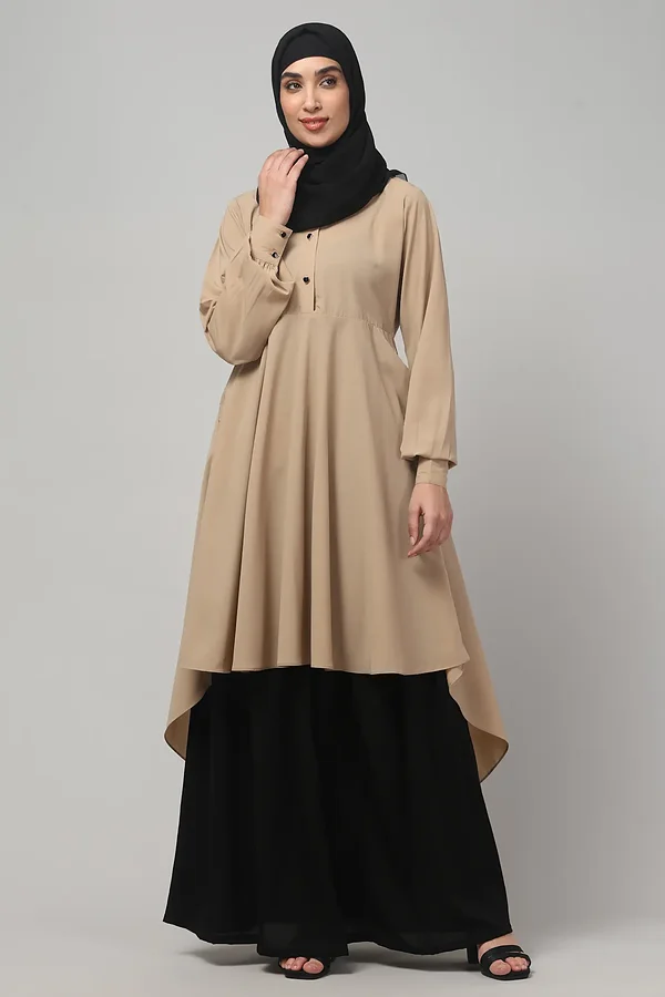 Two Piece Abaya with Palazzo and Collared Top in Khaki color