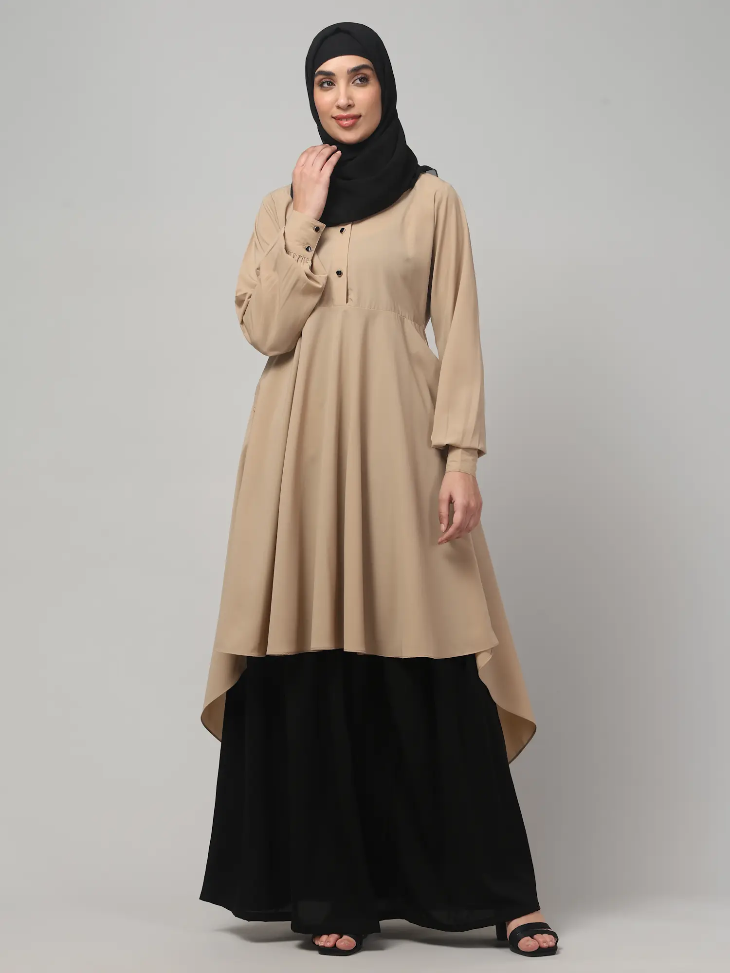 Two Piece Abaya with Palazzo and Collared Top in Khaki color