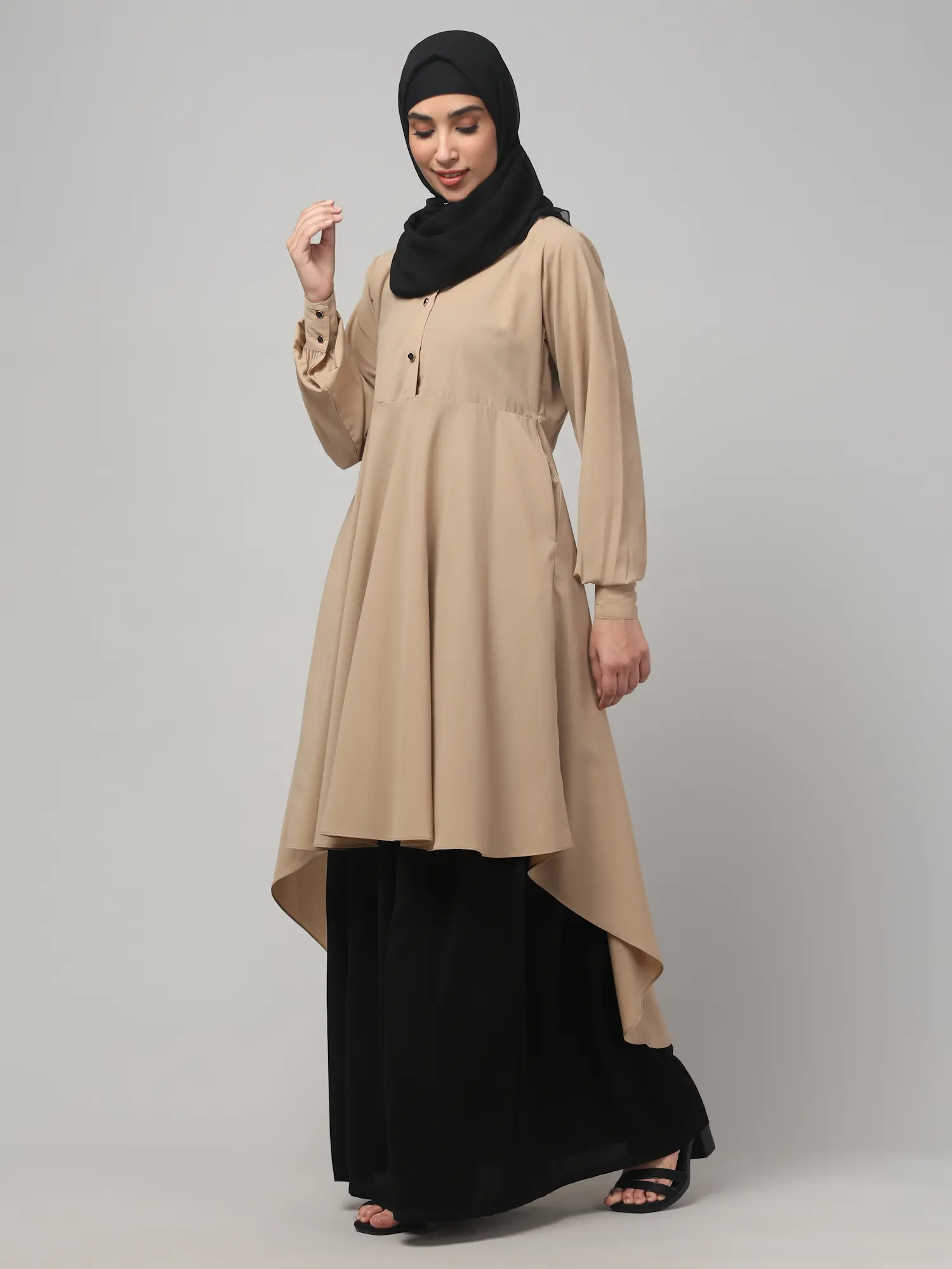 Two Piece Abaya with Palazzo and Collared Top in Khaki color, photo 3