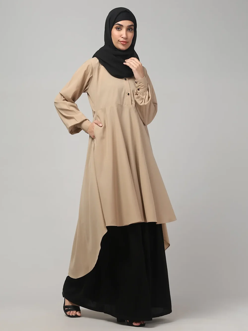 Two Piece Abaya with Palazzo and Collared Top in Khaki color, photo 4