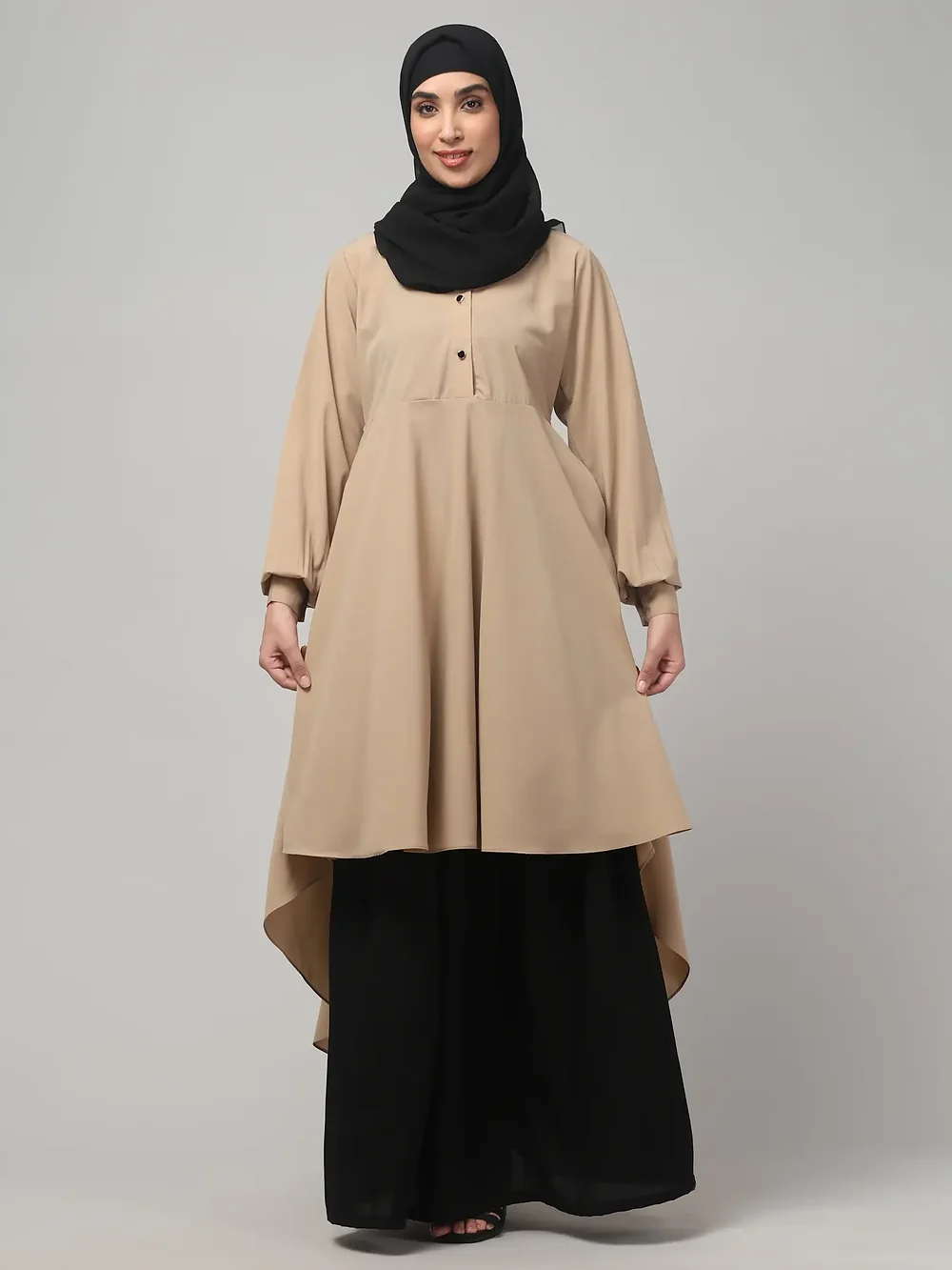 Two Piece Abaya with Palazzo and Collared Top in Khaki color, photo 5