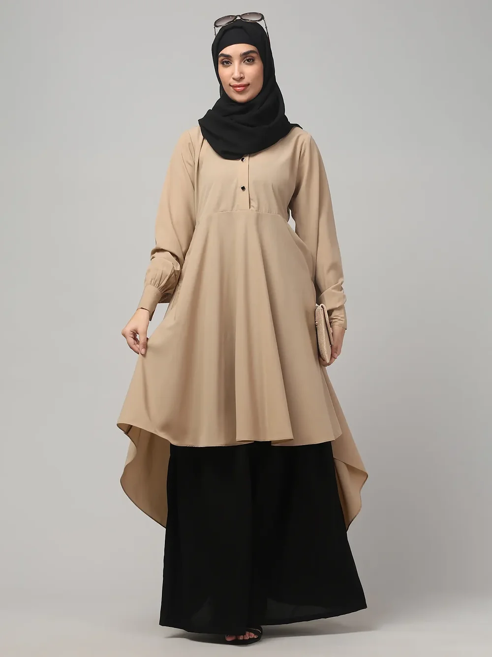 Two Piece Abaya with Palazzo and Collared Top in Khaki color, photo 6