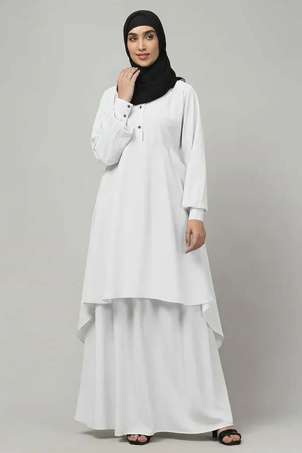 Two Piece Abaya with Palazzo and Collared Top in White color