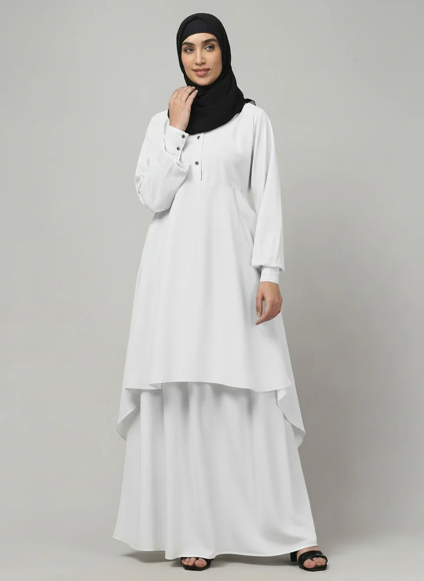 Two Piece Abaya with Palazzo and Collared Top in White color