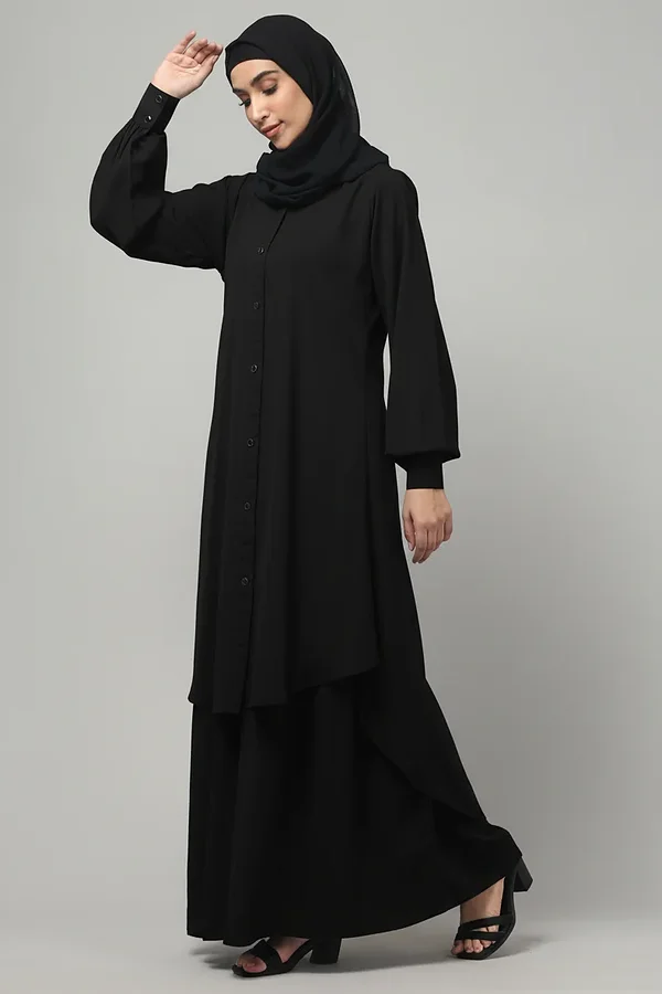 Two Piece Front Open Abaya with Skirt in Black color