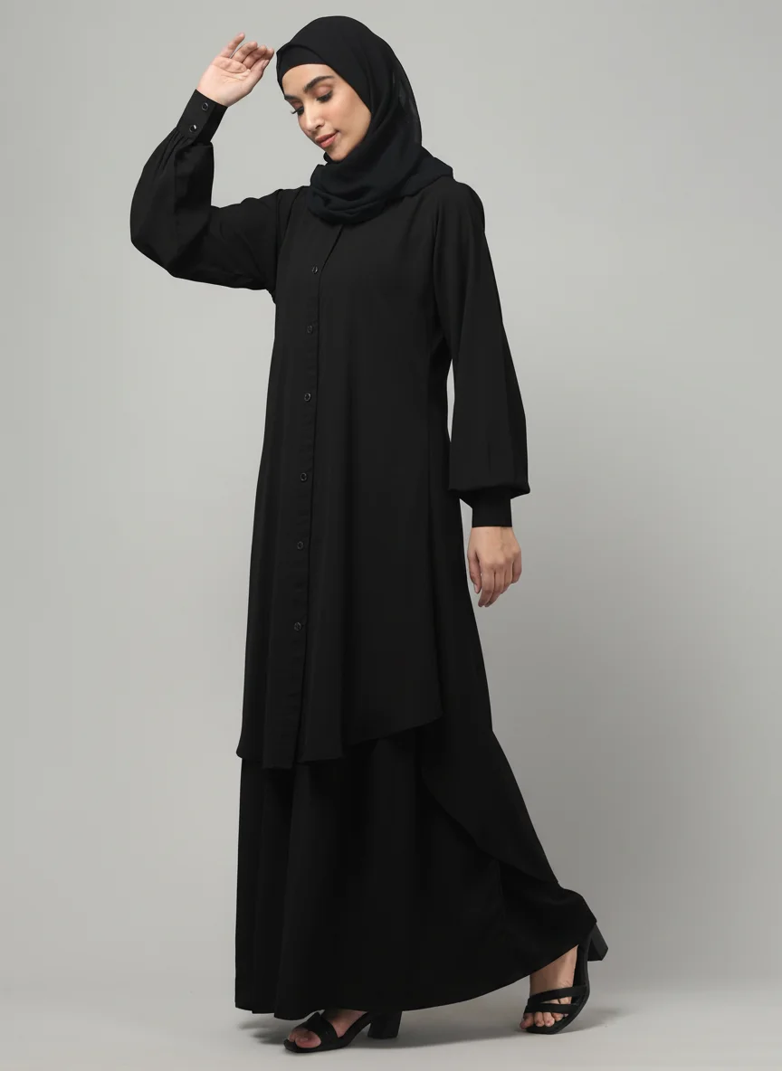 Two Piece Front Open Abaya with Skirt in Black color