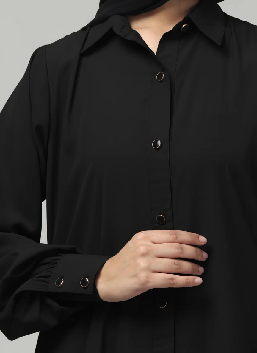 Two Piece Front Open Abaya with Skirt in Black color, photo 2