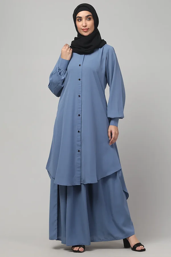 Two Piece Front Open Abaya with Skirt in Denim Blue color