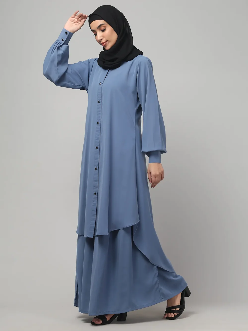 Two Piece Front Open Abaya with Skirt in Denim Blue color, photo 4
