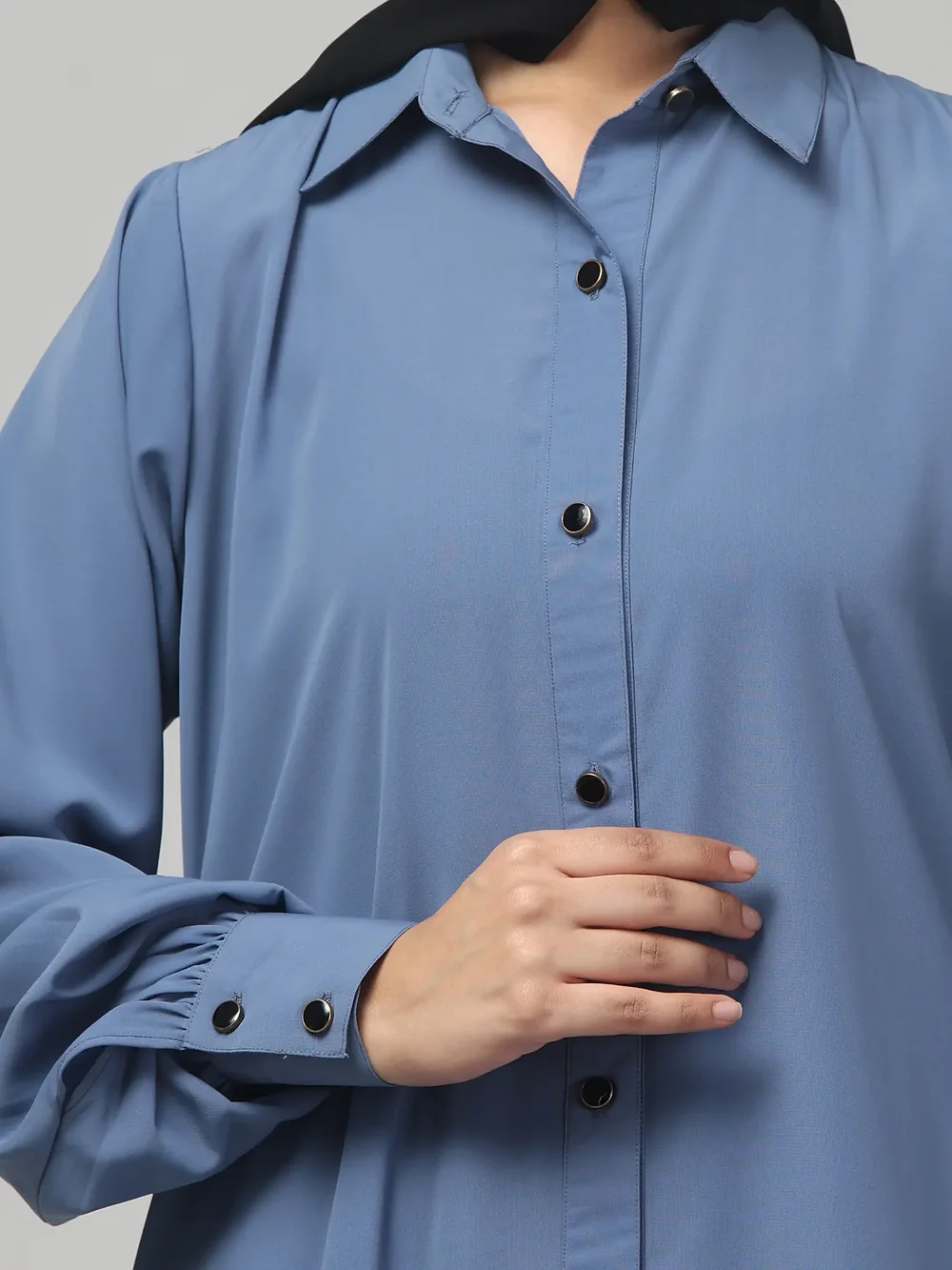 Two Piece Front Open Abaya with Skirt in Denim Blue color, photo 5