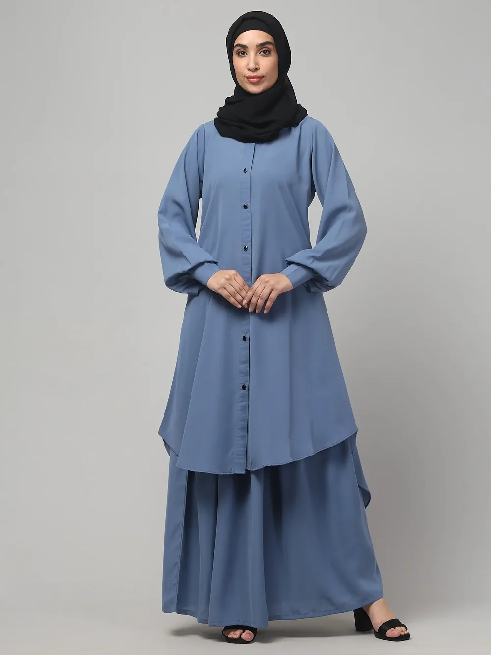 Two Piece Front Open Abaya with Skirt in Denim Blue color, photo 6