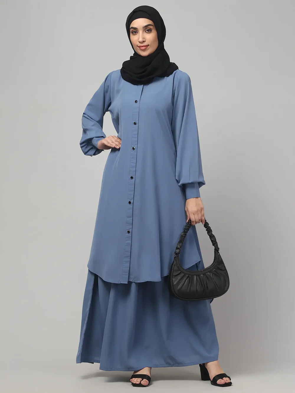 Two Piece Front Open Abaya with Skirt in Denim Blue color, photo 7