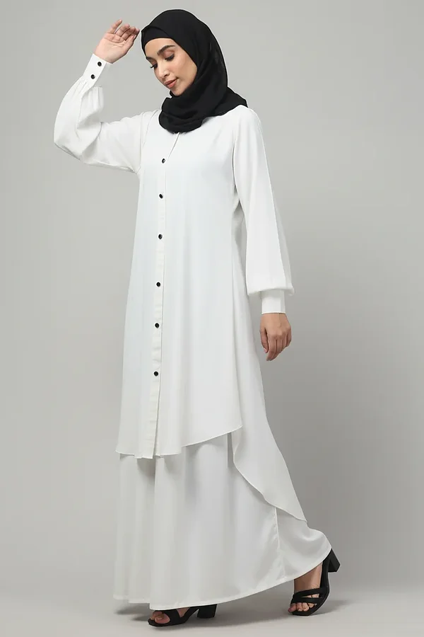 Two Piece Front Open Abaya with Skirt in White color