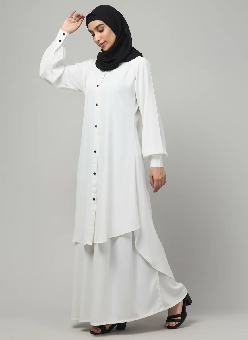 Two Piece Front Open Abaya with Skirt in White color