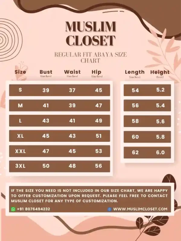 Adult abaya size guide with bust waist hip and length measurements