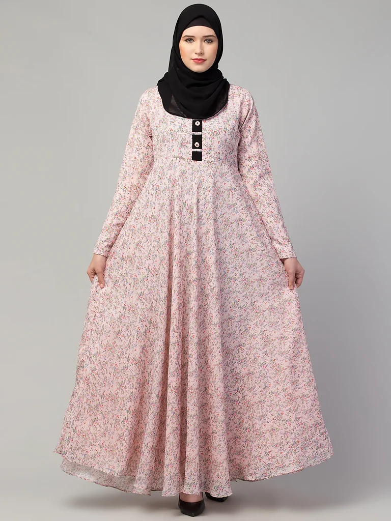 Printed Long Maxi Abaya full length front view Printed Long Maxi Abaya full length front view