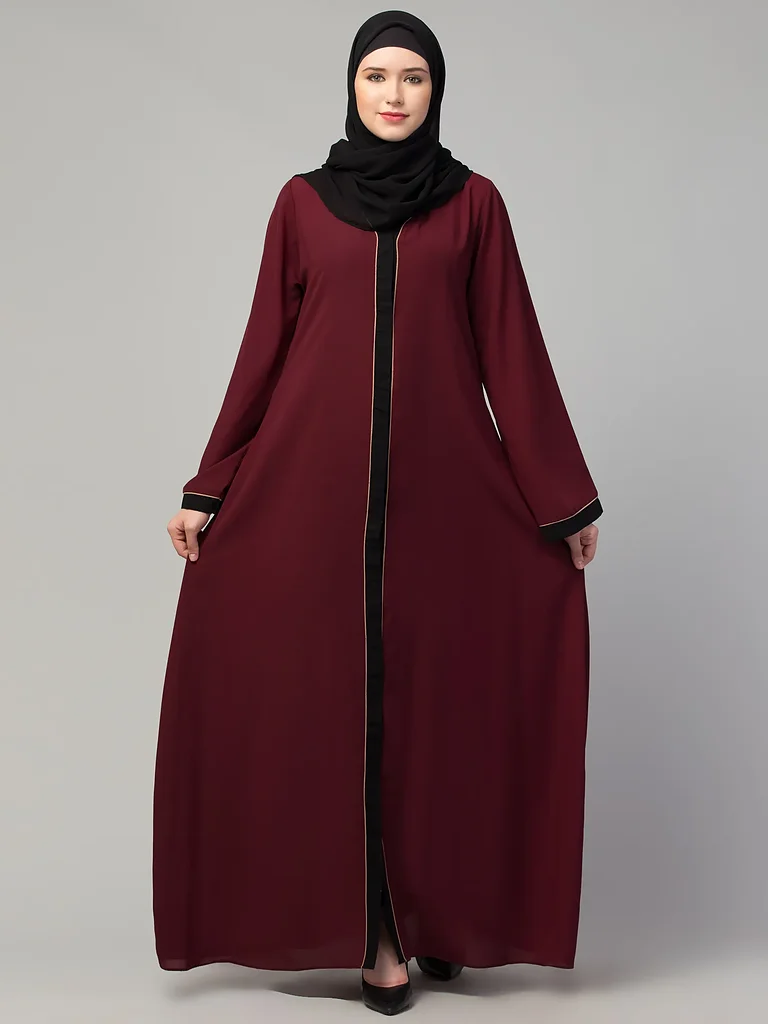 Front Open Piping Abaya  full length front view