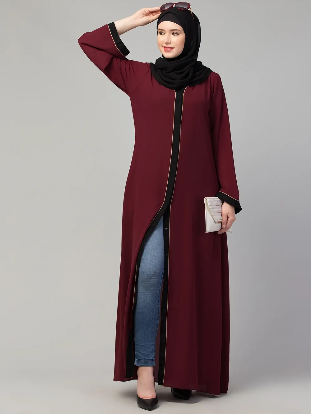Front Open Piping Abaya  side drape