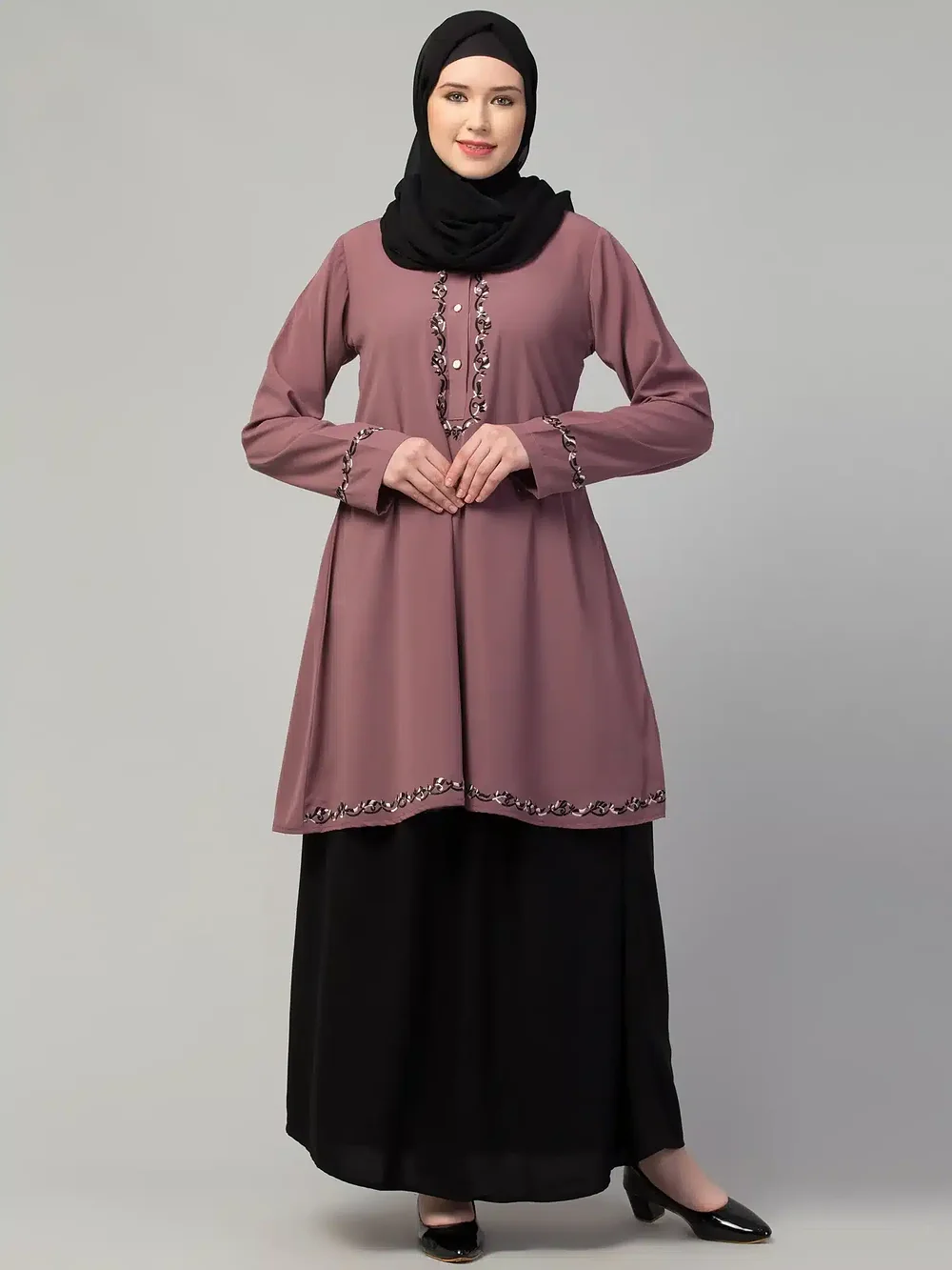 Two Piece Knee Length Abaya with Embroidery Image 6