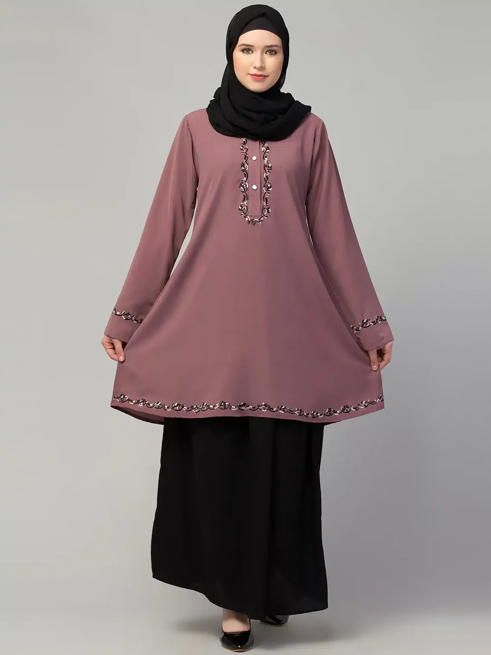 Two Piece Knee Length Abaya with Embroidery Image 7
