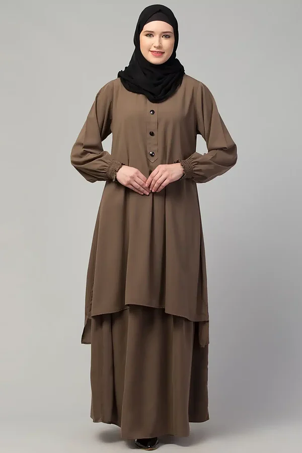 Beige skirt abaya for women  two piece knee length abaya with matching flared skirt in matte Nida