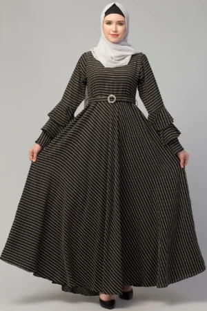 Striped Umbrella Abaya with Adjustable Belt