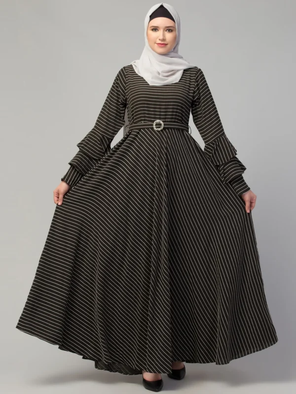 Striped Umbrella Abaya with Adjustable Belt