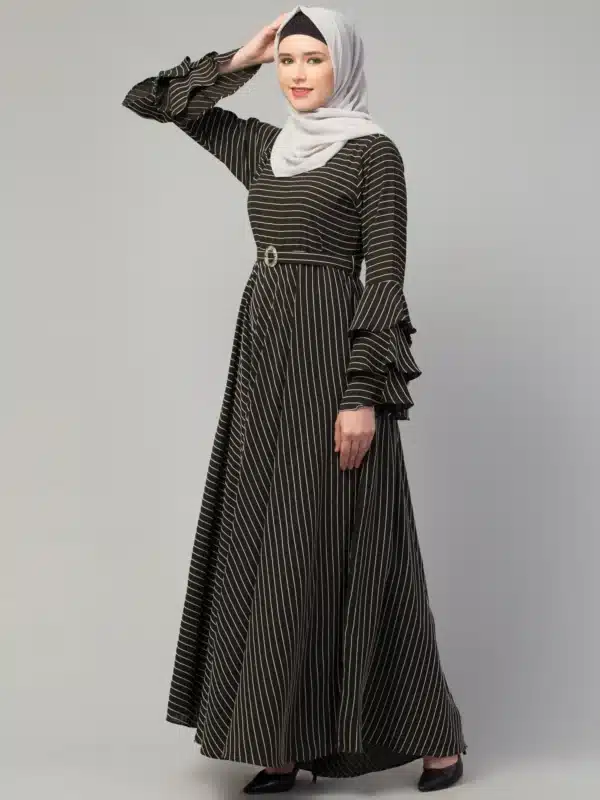 Striped Umbrella Abaya with Adjustable Belt   Image 4