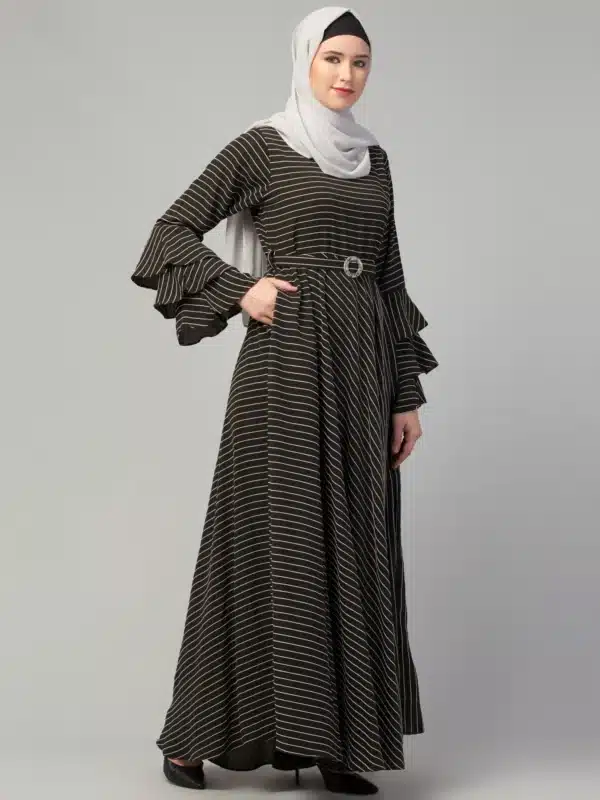 Striped Umbrella Abaya with Adjustable Belt   Image 3